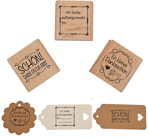 Okaytec Stempel 3er Set Schön!dass du da bist, mit Liebe selbstgemacht für und Ein kleines Dankeschön, 4 cm, Holzstempel Hochzeit, Geschenkanhänger, Keksstempel Tischdeko