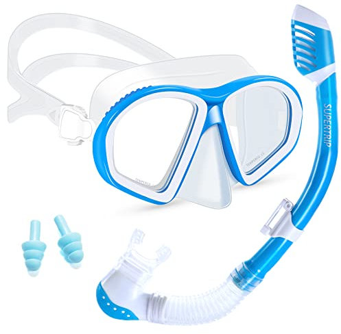 Supertrip Schnorchelset Kinder, Gehärtetes Glas Taucherbrille mit Dry Schnorchel, Tauchmaske Schnorchelmaske Tauchen Set Schnorchelbrillen für Junge Mädchen 6-14 Jahre (Blau)