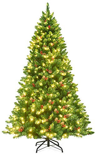 COSTWAY 135/200cm Künstlicher Weihnachtsbaum mit warmweißer LEDs, Tannenbaum mit Metallständer & Tannenzapfen & rote Beeren, Christbaum PVC Nadeln, Kunstbaum Weihnachten Klappsystem, grün (200cm)