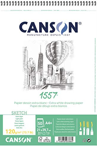 Canson 1557, Papel de boceto blanco, Grando ligero, 120g, Espiralados sobre el lado corto, A4-21x29,7cm, Extra Blanco, 50 Hojas