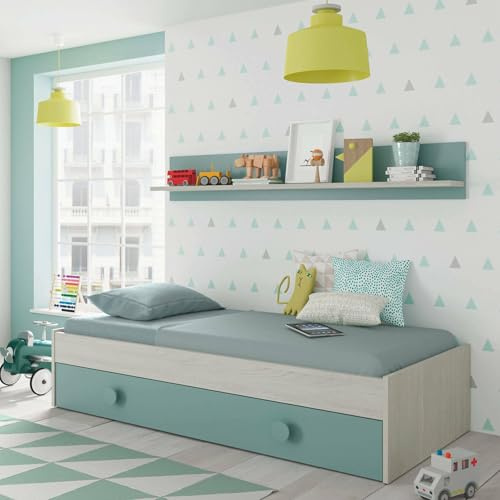 Dmora - Lit d'enfant Lubbock, Cadre de lit pour chambre, Lit avec lit bébé extractible et étagère, 201x98h43 cm, Blanc et Vert Aqua