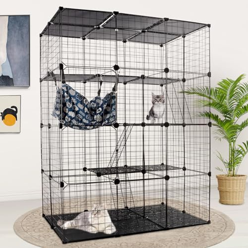 Kalolary Jaula para Gatos Interior, Valla Metálica para Pequeños Animales Montaje DIY Parque Metálica Desmontable con Hamaca y Escalera Ideal para 1-2 Gatos Animales Pequeños (4 Niveles)
