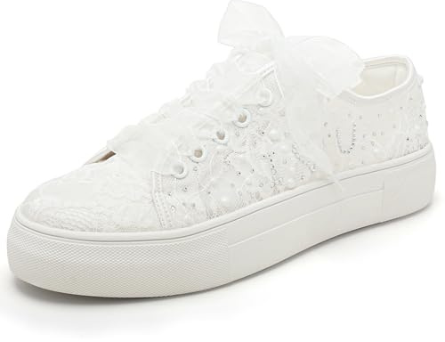 Elivandon 9996 Wedding Shoes Lace Bridal Sneakers 1.46 Platform Bride Tennis Shoes Sparkling Rhinestone Wedding Sneakers Colour Ivory,Size 6.5 UK/40 EU