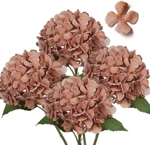 Hollyone 4 pcs Brown Hydrangea Artificial Flowers with 16.9'' Long Stem, Fake Flowers Dried Flowers, Artificial Hydrangea Plants for Kitchen, Home Decor, Party, Wedding Decorations