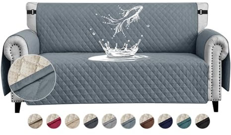 FIGOOO Sofa Covers Water Resistant Sofa Slipcovers 3 Seater Waterproof Anti-Slip Anti-Scratch Sofa Cover with Non Slip Elastic Straps for Dogs Cats Pets,Grey-Blue
