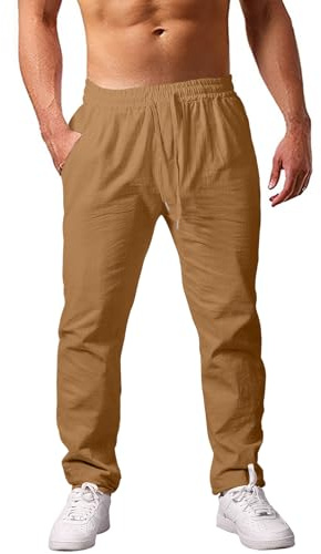 heekpek Pantalones Lino Hombre Verano Pantalon Hombre Casual Pantalones Cómodos Hombre Ligeros Pantalones para Hombre con Cordón, Caqui, L