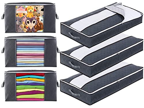 Withosent 6 Stück Unterbettkommode Aufbewahrungstasche, 90L Faltbarer Unterbett Aufbewahrung Kleidung Box Vliesstoff mit Klares Fenster und Griff, Bettkasten für Steppdecken, Kissen, Decke