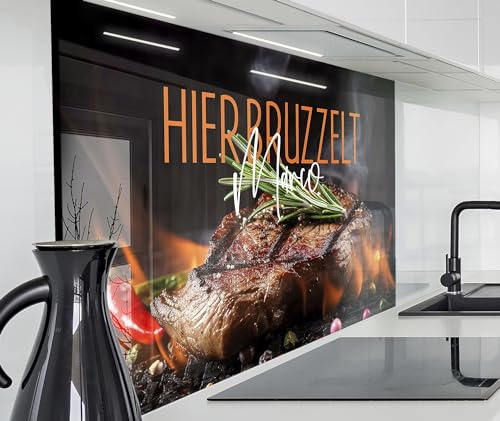 timalo Herd Spritzschutz Wand Spüle, Küche Küchenrückwand Glasoptik | Acryl Glas 2mm | Glasrückwand Acrylglas - personalisiert mit Namen - Rückwandschutz Platte | 60x40cm Grillen, Barbecue, Steak