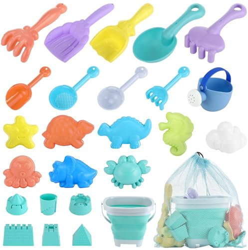 Sandspielzeug Set, 27 Stück Sandkasten Strand Spielzeug mit Sandförmchen Set, Strandspielzeug Enthält Sandschaufel mit Faltbarer Eimer, Sandförmchen, Tasche, Gartenspielzeug ab 2-5 Jahre Mädchen Junge