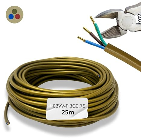 HALOTEC 25 mètres Câble électrique 3 Fils 3x0.75 | Câble pour Extensions H03VV-F | Installation Électrique | Câble d’Alimentation | PVC | Doré | Gaine Ronde | Triphilaire
