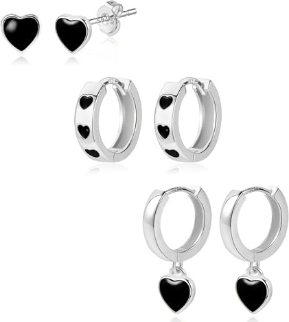 ALEXCRAFT Orecchini Donna Argento 925 Cuore Ciondolo Neri 3 Orecchini A Cerchio Gioielli Set Orecchini Donna Cuore Argento Cerchietto Cuoricino Tre Buchi
