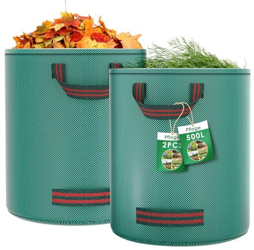 Pfloge® 2X 500L Gartenabfallsack, Gartensack mit 4 Griffe, Selbststehend, Wasserdicht, Laubsack Haltbar Korrosionsbeständig für Gartenabfälle und Grünschnitt
