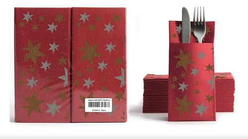 AROBA 50 x Airlaid Cutlery Napkins (Champagne with Stars, 39 x 40 cm) - Napkin Pockets - Ready-Folded Cutlery Pockets - Winter Motif - Advent - New Year's Eve - Christmas