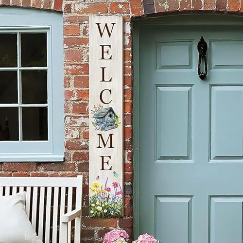 Summer Welcome Sign for Front Porch Standing, Hello Summer Nest Porch Sign for Front Door Decor, Farmhouse Bird Flowers Hanging Wall Sign for Garden Decorations 47.2H