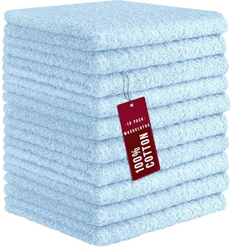 DecorRack 10 Pack 100% Cotton Wash Cloth, Luxurious Soft, 12 x 12 inch Ultra Absorbent, Machine Washable Washcloths, Baby Blue (10 Pack)
