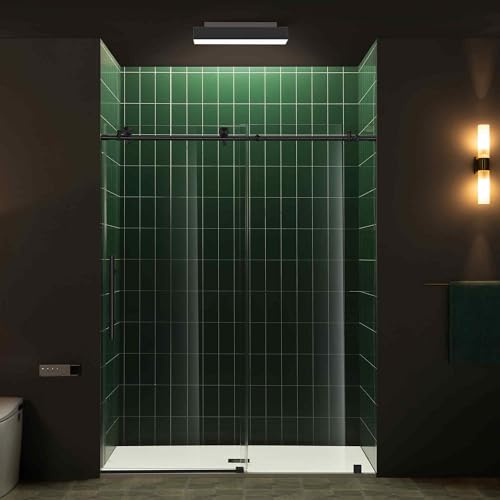 Woodbridge 56-60 W x 80 H Frameless Single Sliding Shower Door with Tempered Glass & Explosion Proof Film in Matte Black Finish