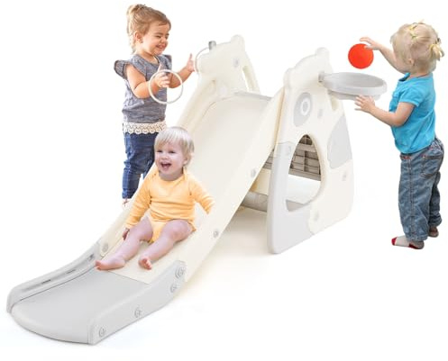 GOPLUS Tobogán Infantiles 4 en 1, Tobogán Plegable con Canasta de Baloncesto, Balón de Baloncesto y Bomba de Aire, Juego de Escalada para Niños de 3+ Años