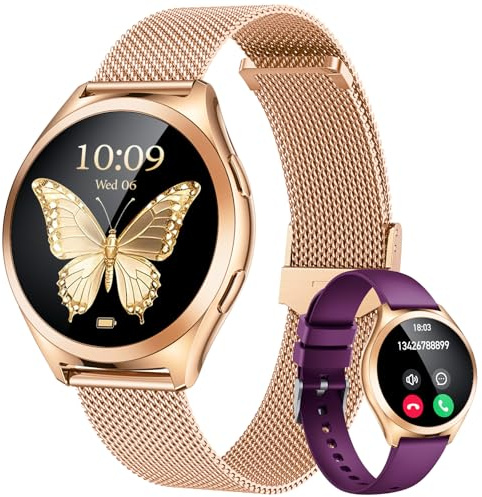 Montre Connectée Femme Smartwatch Sport: Repondre Appel 1.27'' HD Étanche Écran Tactile Podomètre Fréquence Cardiaque SpO2 Moniteur de Sommeil Mode Multisports Fitness Tracker pour Android iOS (Ronde)