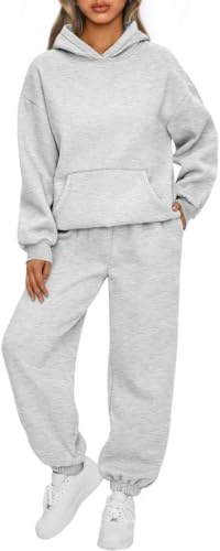 OLIPHEE Tuta Sportiva Donna Completa 2 Pezzi Invernale in Pile Jogging Completi Sportivi Donna Fitness Set Felpa e Pantaloni Larghi Yoga Palestra Ginnastica Outdoor Grigio chiaro L