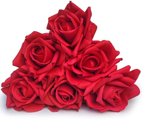 SYFASHRAN Artificial Roses Real Touch Fake Flowers with Stems - Realistic Look & Feel for Gifts, Home Decor, Wedding, Table, Cake, Hotel Decoration (6, red)