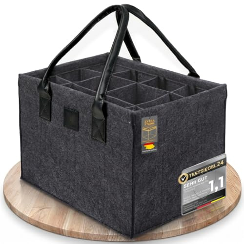 GOLDFALKE Portabotellas para 6 botellas de fieltro extra estable – Cesta para botellas, bolsa para botellas, cesta para bebidas para cerveza, vino y botellas de depósito – Almacenamiento de botellas