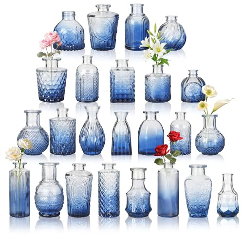 Jarrones pequeños para decoración de mesa, jarrones de cristal vintage en miniatura para bodas, baby shower, decoración del hogar, pequeños jarrones decorativos para flores, plantas o regalos, azul