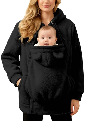 Générique Veste de maternité d'hiver polaire avec insert amovible pour bébé, capuche et poches partagées - Manteau chaud en coton doux pour allaitement et extérieur, confortable et fonctionnel