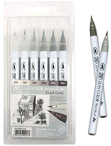 Kuretake ZIG Clean Color Real Brush Marker, Flexible Brush Tips, Watercolor Pens for Painting, Drawing, Calligraphy and Brush Lettering for Artists, Made in Japan (6 Cool Gray Colors set)