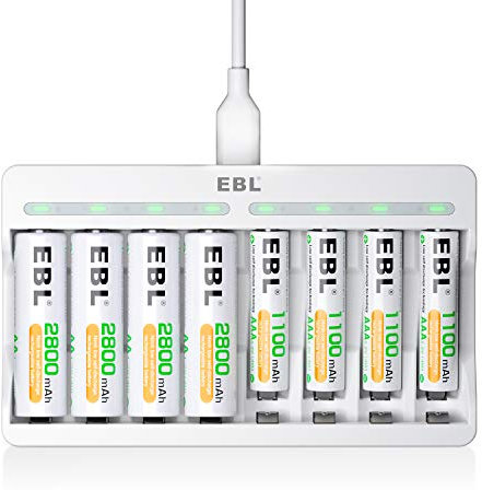 EBL 8 Slot Caricabatterie Indipendente per AA & AAA Batterie Ricaricabili, 9010 Caricatore con LED Indicatore + 4 pcs AA 2800mAh & 4 pezzi AAA 1100mAh