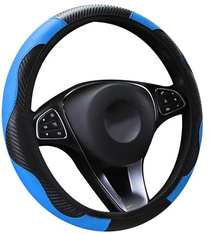 LMYDIDO Housse de volant de voiture en cuir, antidérapante et respirante en fibre de carbone, bande élastique sans anneau intérieur, taille universelle 37-39 cm (bleu)