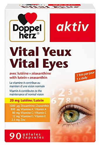 Doppelherz, Vital Yeux, Complément alimentaire vision et santé des yeux, Lutéine & Zéaxanthine + Vitamines et Zinc, Pour le maintien d'une vision normale, 90 capsules
