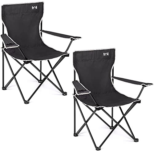 Trail Folding Camping Chair – 2 Pack, Lightweight Outdoor Chair with Cup Holder Armrest, Heavy Duty Tubular Steel Frame, Fast-Drying Polyester, Carry Bag, 100kg Capacity (Black)