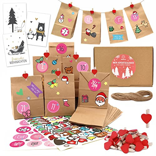 OWLBOOK® Adventskalender zum Befüllen | Adventskalender 2024 Tüten | Weihnachtskalender zum befüllen | 24 Papiertüten mit Aufkleber + Schnur + Klammern | Geschenktüten zu Weihnachten