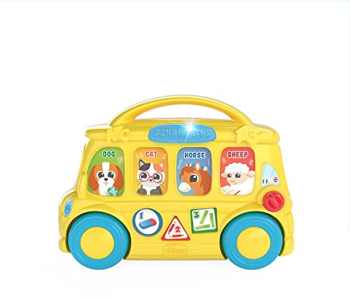 Chicco Schulbus, Spielzeug-Schulbus, zweisprachig, mit 7 interaktiven Tasten, 3-Positionen-Hebel, spielt über 35 Lieder, Sätze und Melodien ab, für Kinder von 9 bis 36 Monaten geeignet.