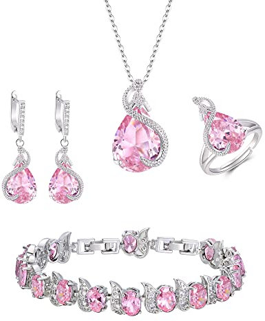 EVER FAITH 4 Stück Tropfen Cubic Zirconia Schmuck Set Glamour Anhänger Halskette Ohrringe Tennis Armband und Offener Ring für Damen Hochzeit Party Rosa Silber-Ton