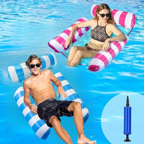 2Pack Inflatable Pool Floats Hammock, 4-in-1 Multi-Purpose Inflatable Hammock with Manual Air Pump for Pool Lake Beach, Pool Inflatables for Adults Kids