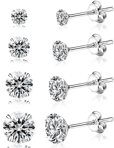 Yiorxu 4 Paar Ohrringe Silber 925 für Damen, Ohrstecker Silber 925, 5A+ Zirkonia, Größe: 3/4/5/6 mm, Hypoallergenes Ohrringe Set, Anti-Oxidation, Elastische Verpackung