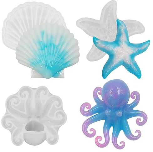 3-teiliges Marine-Harz-Formen-Set, Tiere, Epoxidharz-Formen, Silikon-Gießformen für Heimwerker, Desktop-Aquarien, Aquarien, Ozean-Tier-Themen, Heimdekoration (Oktopus, Seestern, Muschel)