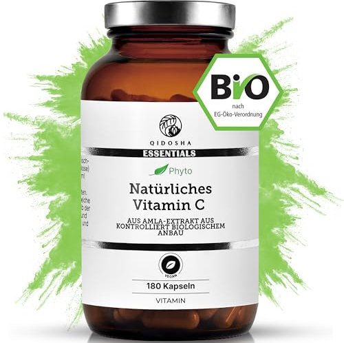 QIDOSHA® Bio Vitamin C natürlich, 250mg Bio Vit C aus 500mg Amla-Extrakt je Kapsel, 180 Stk im Glas, höherer Vit C Anteil als Acerola