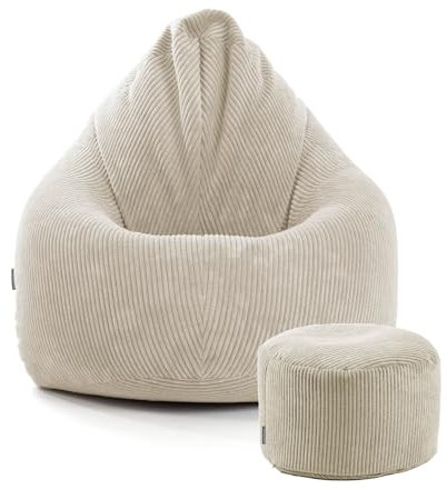 mokebo® Sitzsack Cord XXL mit Hocker für Kinder & Erwachsene in Beige 'Der Tagträumer', Set aus Indoor Bean Bag und Pouf, auch als Bodenkissen, Sitzkissen, Liegekissen mit EPS-Perlen Füllung