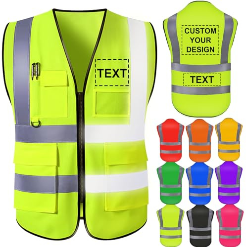 Nevaou Gilet de sécurité personnalisé pour hommes avec logo Gilets de sécurité haute visibilité réfléchissants avec poches et fermeture à glissière Vêtements de travail de protection extérieurs