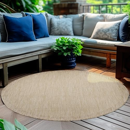 HomebyHome Alfombra Exterior Interior 160 cm Redonda Beige Resistente a la Intemperie, Impermeable - Alfombra de Cocina de Tejido Plano, Unicolor - Alfombras Exterior para Terraza, Balcón y Jardín