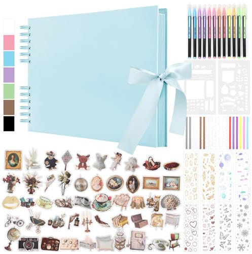 DazSpirit 80 Leere Seiten Fotoalbum zum Selbstgestalten, DIY Scrapbook Fotobuch zum Einkleben, mit 12 Marker & 7-Aufkleber, Gästebuch Ideal für Geburtstag Familie, Hochzeiten, Reisen, Blau