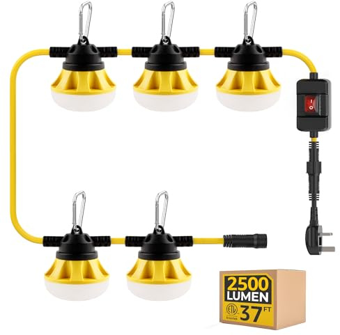 HYANGLUX 37FT 25W LED String Light with Switch,IP65,ETL Certified | Linkable up to 16 Sets,Replaceable Bulbs,2*1.0mm Cable,5000K,Construction Temporary Lights,For Jobsite,Attic,Garage,Basement