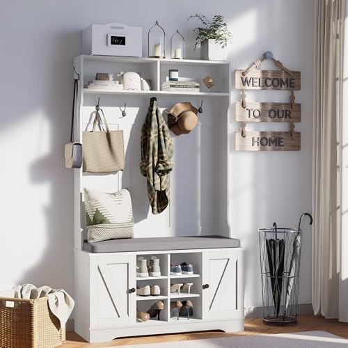 spanspace 71 Hall Tree with Bench and Shoe Storage, Entryway Hall Tree with 2 Doors and 6 Adjustable Shelves, Cushioned Storage Bench with Coat Rack for Hallway, Living Room, Mudroom