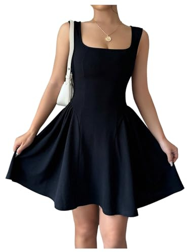 GORGLITTER Black Dress for Women A Line Sleeveless Swing Flared Square Neck Dress Ruffle Mini Tank Sundress, Black, L