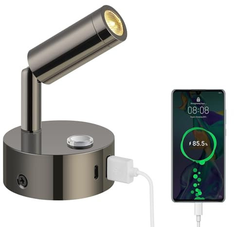 ERWEY 12V Lampada da lettura per camper, lampada da letto a LED con interruttore a sfioramento dimmerabile 3000K-6000K, DC 12V-24V con connettori USB A+C per barca auto camper van, nero lucido