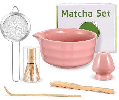 Ouxayapl Matcha Set, Matcha Besen, Matcha Schale mit Ausgießer, Filtersieb, Besenhalter aus Keramik und Löffel, 6er-Set Matcha Tee Set für Tee-Liebhaber&Einsteiger (Rosa)