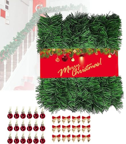 22 Metros Guirnalda Navidad + 3cm 45Pcs Lazos y 2cm 45Pcs Bolas de Navidads, Adornos Navideños Decoración, Decoracion Navidad para Exterior, Chimenea, Escaleras, Puertas, Ventanas