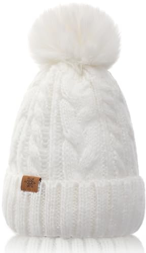 Winter Hats for Women - Fleece Lined Beanie for Women, Chunky Knit with Faux Fur Pom White Winter Hat